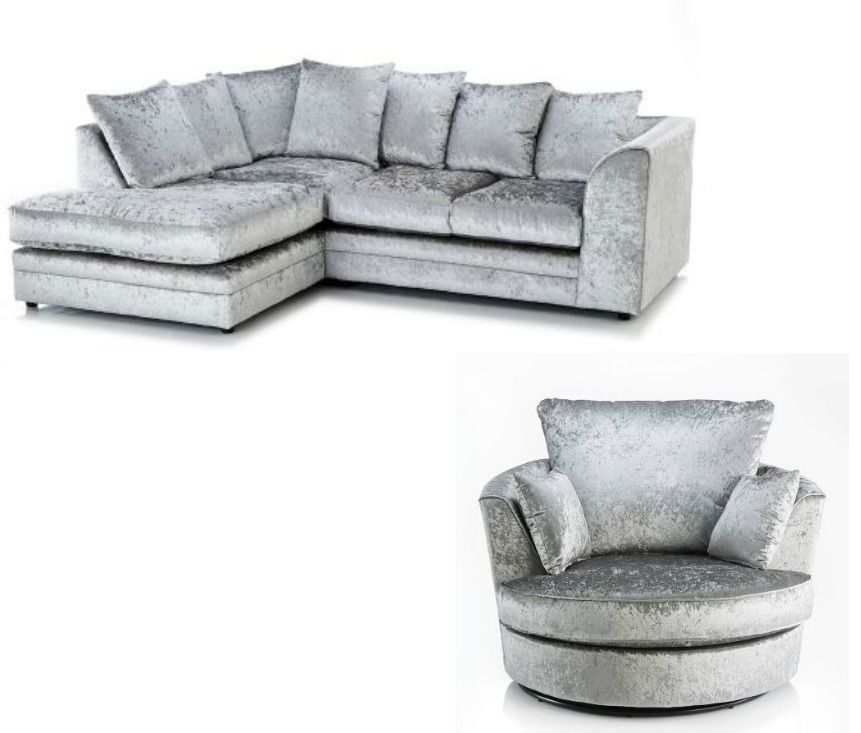 NEW LUXURY SILVER CRUSHED VELVET BYRON CORNER SOFA RHF + SWIVEL